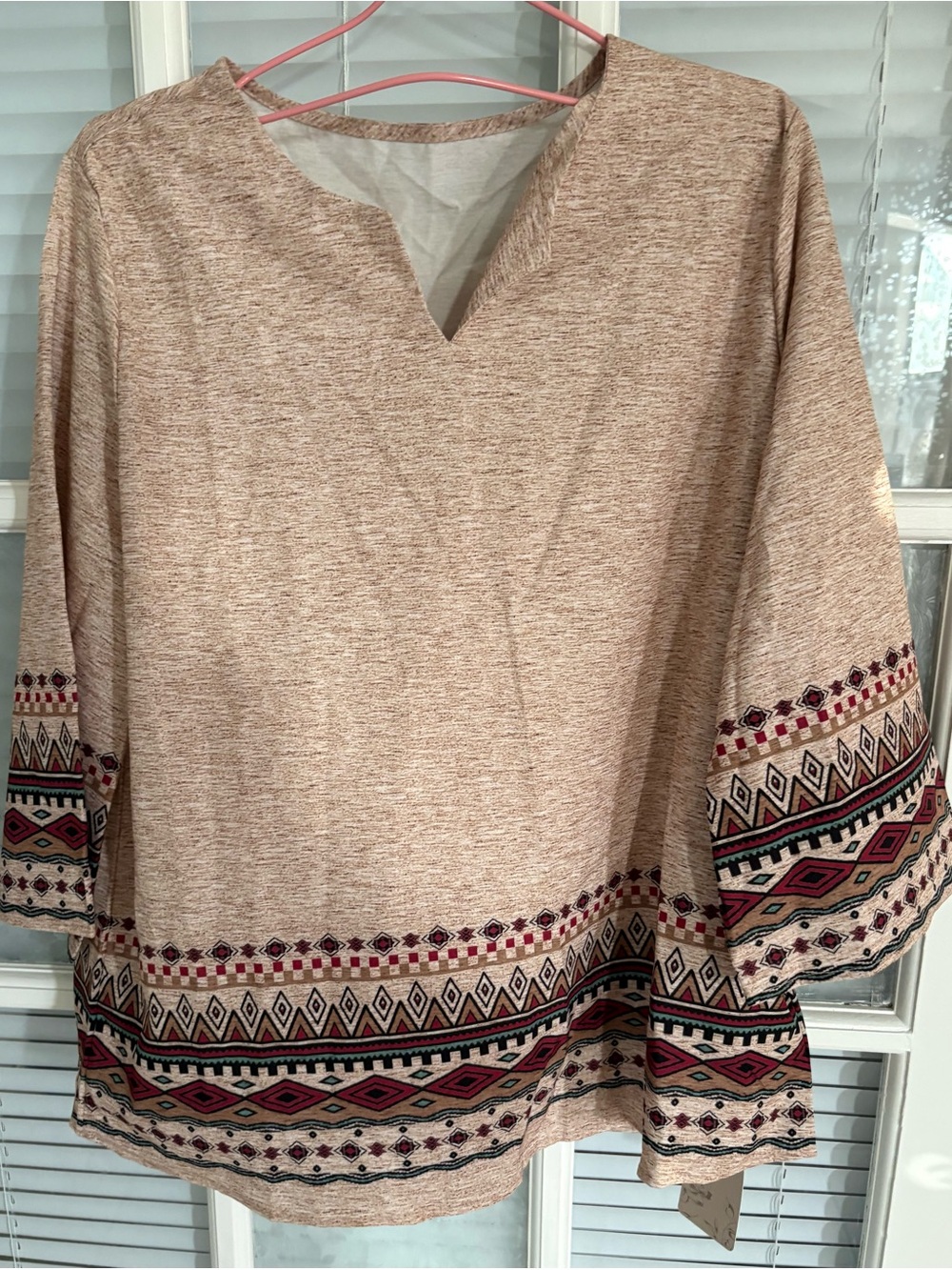 Boho Embroidered Hem Beige Tunic Top
